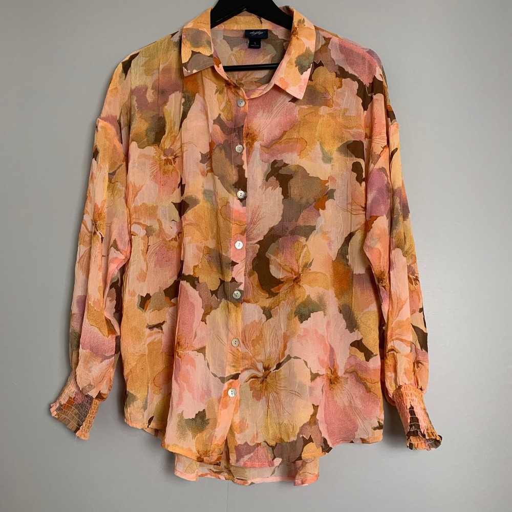 Daytrip Floral Button Down Blouse Womens S Orange Smocked Cuffs Sheer Boho New